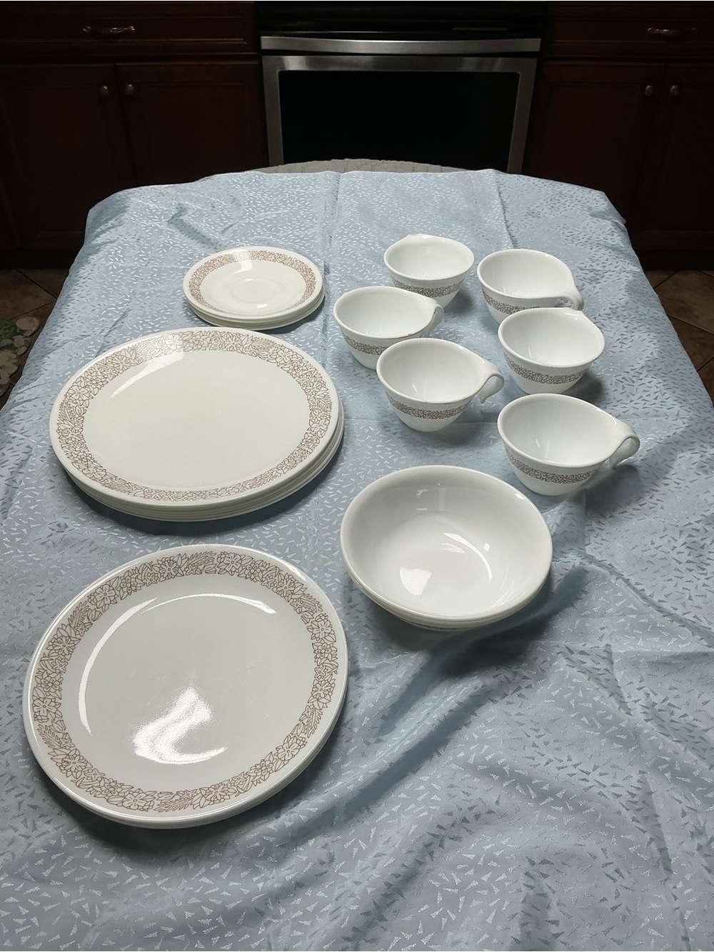 Corelle Cream and Brown Floral Border Dinnerware Set - Plates, Bowls, Cups 23pc